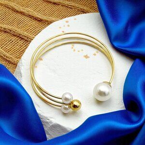 🆕️Elegant 14K Gold Plated Pearl Accent Adjustable Cuff Bracelet + Free Earrings